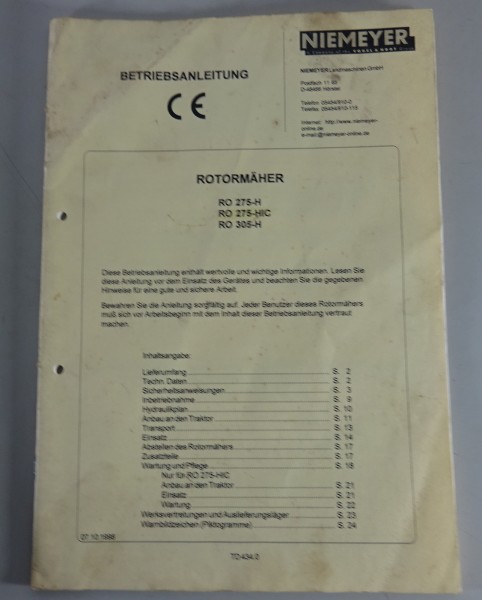 Betriebsanleitung Niemeyer Rotormäher RO 275-H / -HIC / 305-H Stand 10/1998