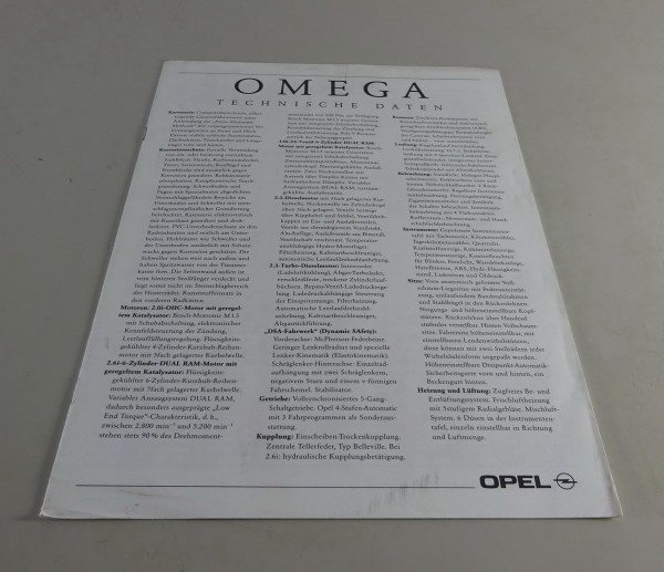 Prospekt / Broschüre Opel Omega A 2 Technische Daten Stand 08/1991