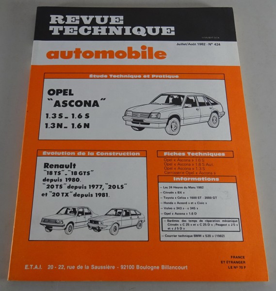 Reparaturanleitung Revue Technique Opel Ascona / Renault R18 & R20 Stand 07/1982