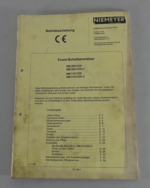 Betriebsanleitung Niemeyer Front-Scheibenmäher SM 260 / 310 FZX + C von 11/1998
