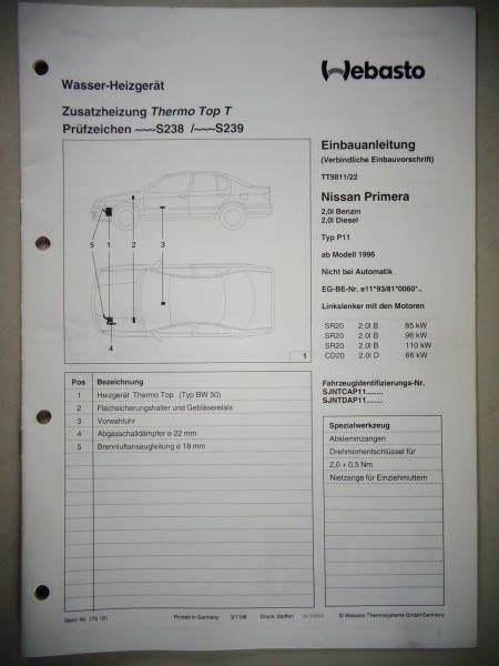 Einbauanleitung Webasto Heizung Thermo Top T Nissan Primera P11 Modelljahr 1996