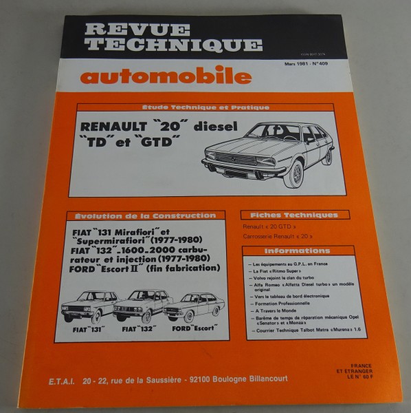 Reparaturanleitung Revue Technique Renault R20 / Ford Escort II Stand 03/1981