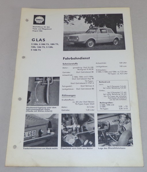 Shell Schmierplan für Glas S 1004 / S 1004 TS / 1204 / 1204 TS etc. Stand 8/1964