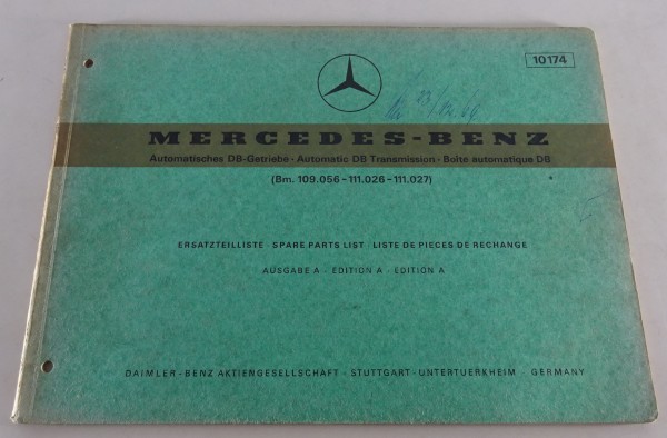 Teilekatalog Mercedes Benz W111 / W109 Automatisches DB Getriebe Stand 09/1969