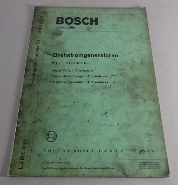 Teilekatalog Bosch Drehstromgeneratoren K 1.. 0 120 400 5.. Stand 01/1968