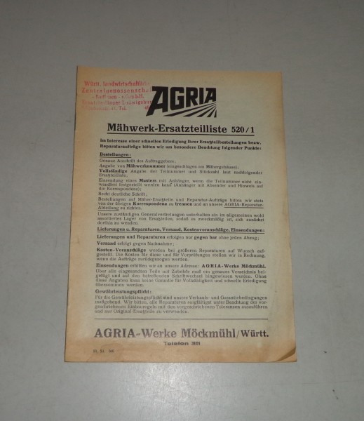 Teilekatalog / Ersatzteilliste Agria Werke Mähwerk 520/1 - Stand 1953