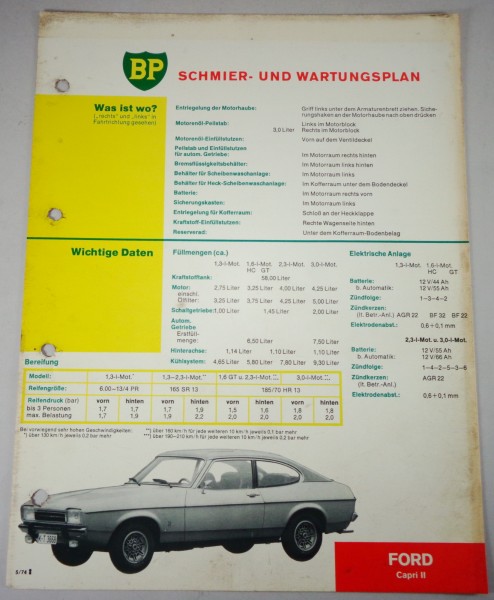 BP Schmier- und Wartungsplan für Ford Capri II 1974 - 1977