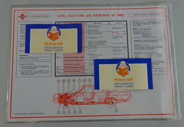 Gasolin Schmierplan für Opel Kapitän / Admiral A ab Baujahr 1965 Stand 03/1966