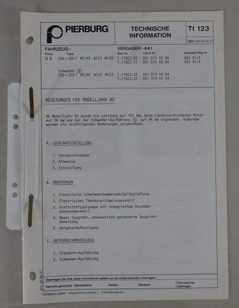 Technische Information Pierburg Vergaser 4 A 1 für W 123 250 mit M123 Motor 1981