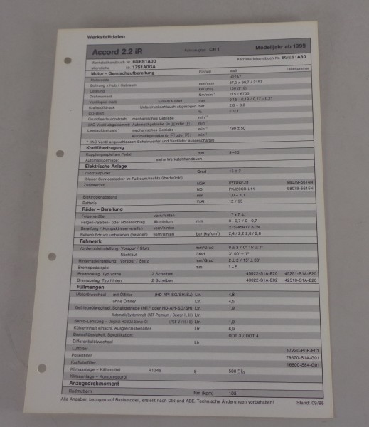 Inspektionsblatt Honda Accord 2.2 iR Typ CH1 Modelljahr ab 1999