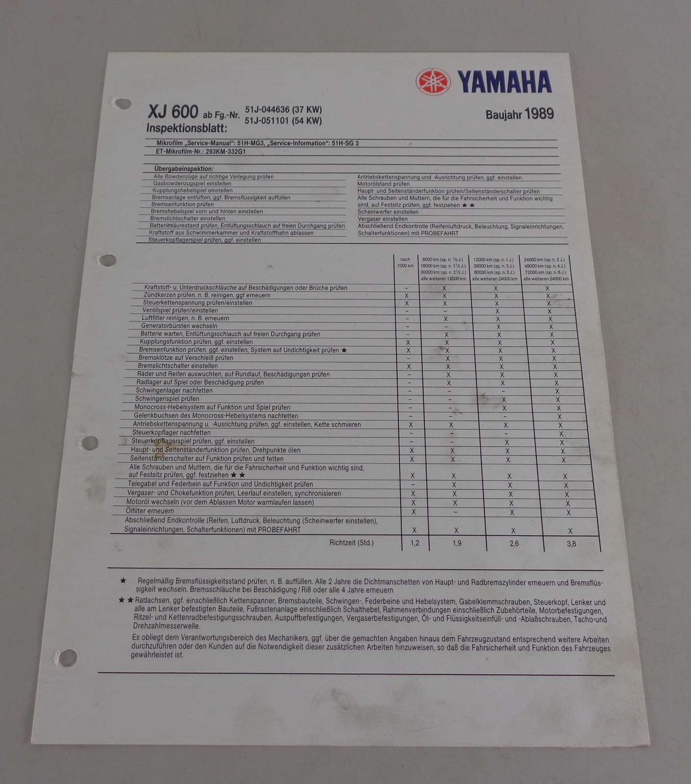 Inspektionsblatt Yamaha XJ 600 Typ 51J Baujahr 1989 | PK-Buch