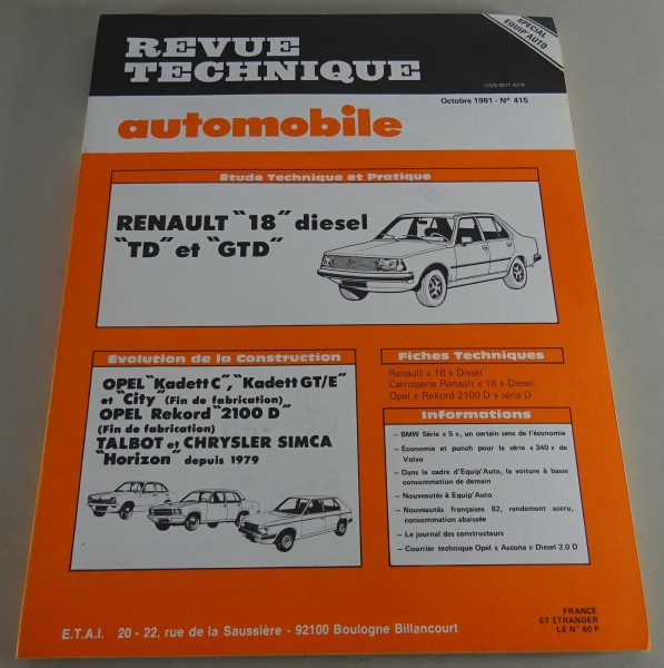 Reparaturanleitung Revue Technique Renault R18 / Opel Kadett C Stand 10/1981