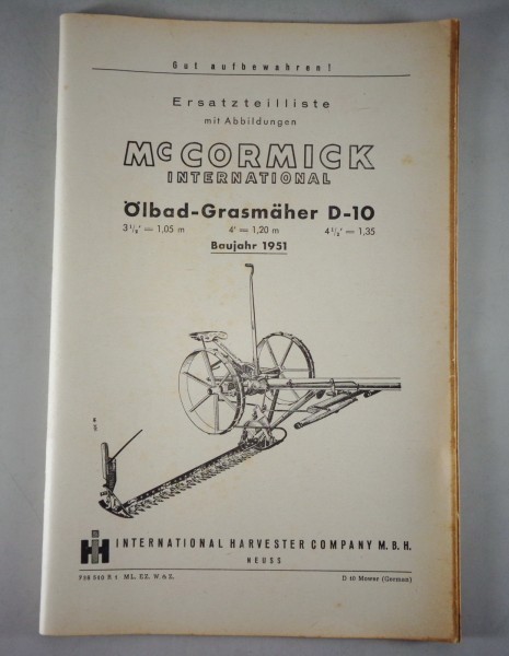 Teilekatalog McCormick International Ölbad-Grasmäher D-10 Baujahr 1951