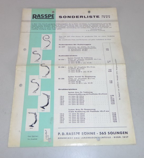 Teilekatalog / Preisliste Rasspe Sonderliste Stand Herbst 1964
