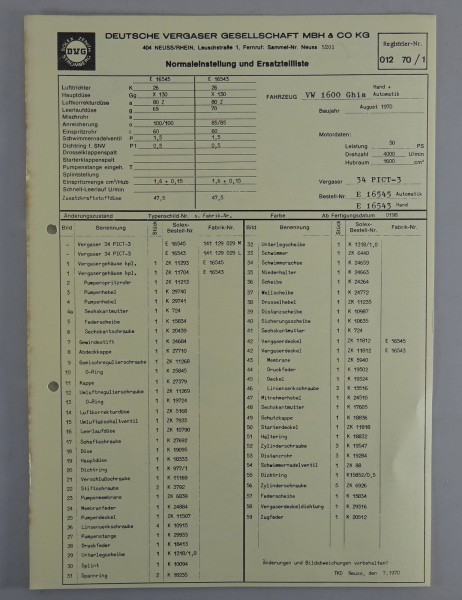Kennblatt + Teilekatalog Pierburg Vergaser 34 PICT-3 VW 1600 Karmann Ghia ´1970