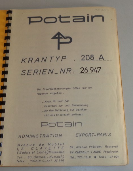 Betriebsanleitung / Handbuch Potain 208 A Kran von 10/1968