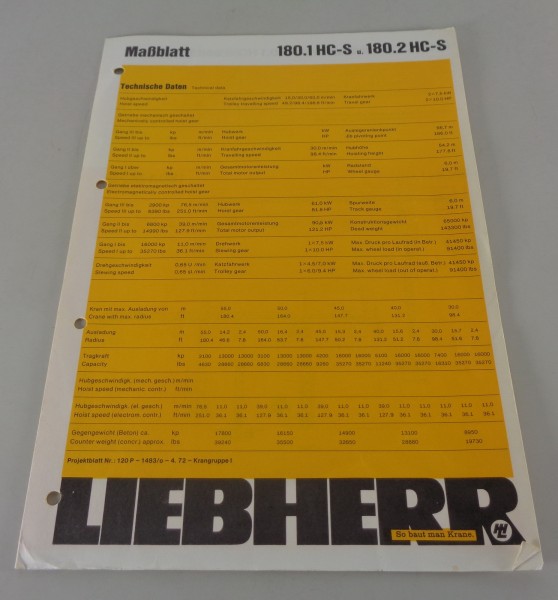 Datenblatt Liebherr Turmdrehkran 180.1 HC-S u. 180.2 HC-S von 04/1972