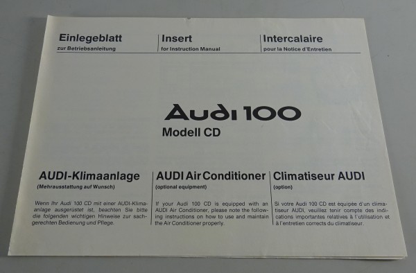 Zusatz - Betriebsanleitung Audi 100 CD Typ 43 Klimaanlage Stand 08/1978