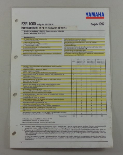 Inspektionsblatt Yamaha FZR 1000 Typ 3LE Baujahr 1992
