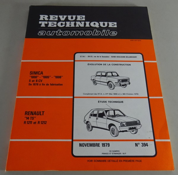 Reparaturanleitung Revue Technique Renault 14 TS / Simca 1000 Stand 11/1979