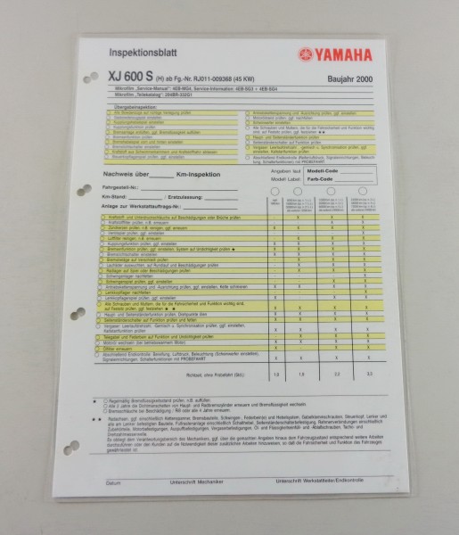 Inspektionsblatt Yamaha XJ 600 S Typ RJ 011 Baujahr 2000