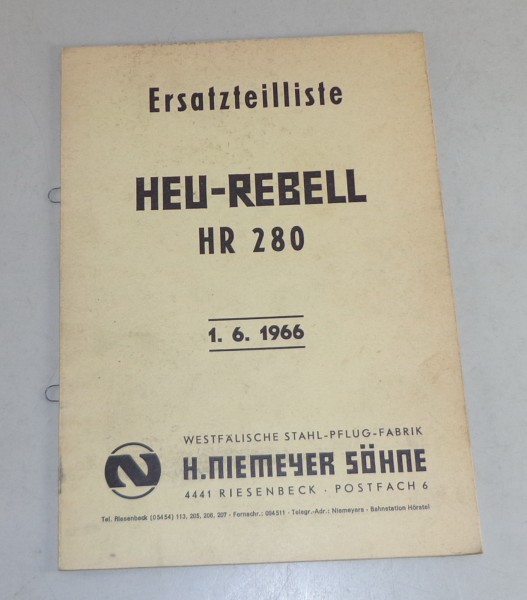 Teilekatalog / Ersatzteilliste Niemeyer Heu Rebell HR 280 Stand 06/1966