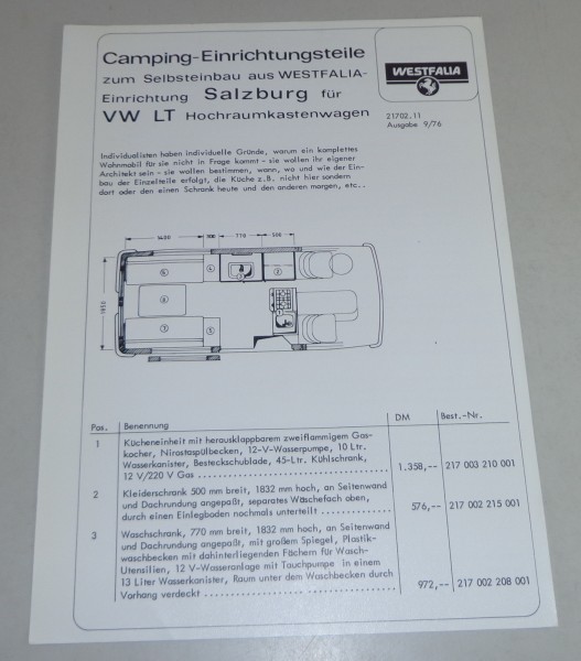 Prospektblatt + Preise VW LT Wohnmobile Westfalia Selbstausbau Stand 9/1976