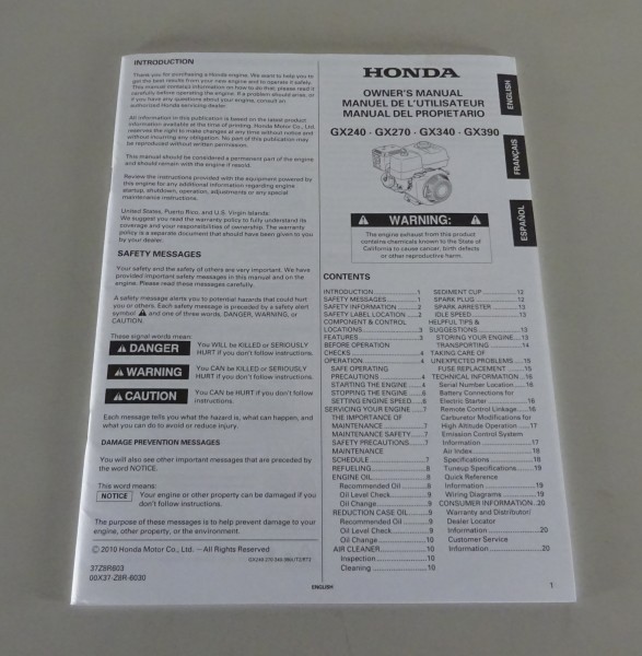 Owner´s Manual / Handbook Honda Engine GX240 / GX270 / GX340 / GX390 from 2010