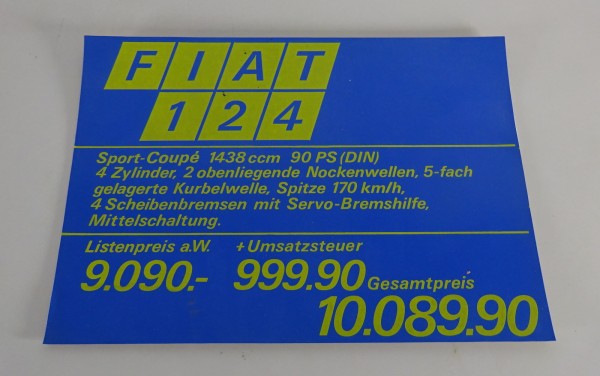 Preisschild Fiat Händler für Fiat 124 Sport-Coupé Stand ca. 1968