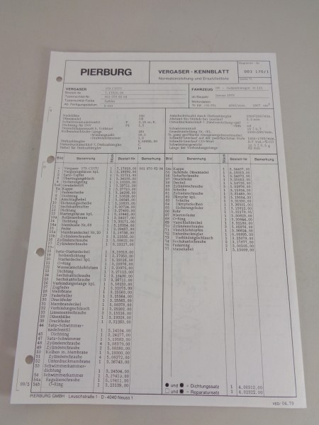 Kennblatt + Teilekatalog Pierburg Vergaser 175 CDTU für Mercedes W460 von 4/1979