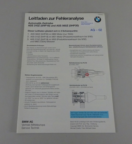 Leitfaden Fehleranalyse BMW Automatikgetriebe A5S 310Z/560Z in E36 E34 E32 '1992