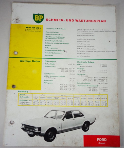 BP Schmier- und Wartungsplan für Ford Consul Stand 08/1972