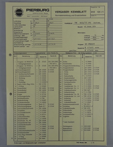 Kennblatt + Teilekatalog Pierburg Vergaser 40 PDSIT für VW 412 / 75 PS ab 1/1974