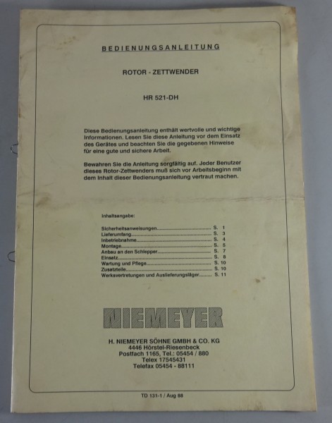 Betriebsanleitung / Handbuch Niemeyer Rotor-Zettwender HR 521-DH Stand 08/1988
