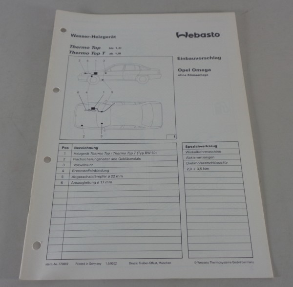 Einbauanweisung Webasto Standheizung Thermo Top / T Opel Omega Stand 05/1992