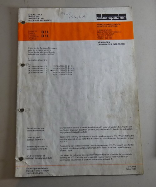 Teilekatalog/Ersatzteilliste Eberspächer Heizgeräte B1L / D1L Stand 03/1986