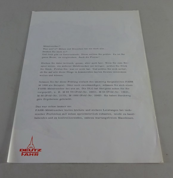 Prospekt / Broschüre Deutz-Fahr-Mähdrescher-Programm M 1600 H / M 88 S etc.