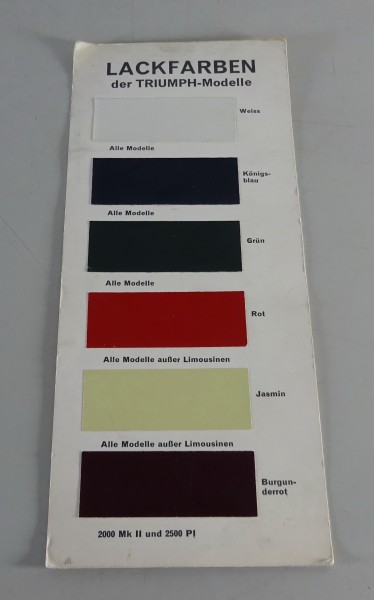 Farbmuster Triumph 2000 Mk II / 2500 PI - alle Modelle des Modelljahres 1969