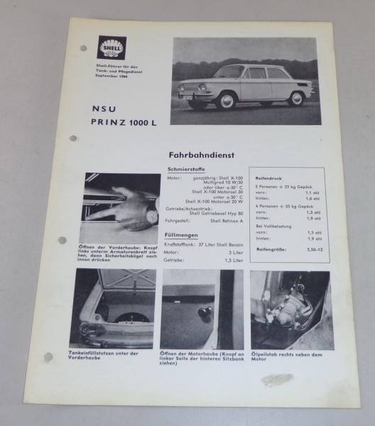 Shell Schmierplan für NSU Prinz 1000 L Stand 09/1964