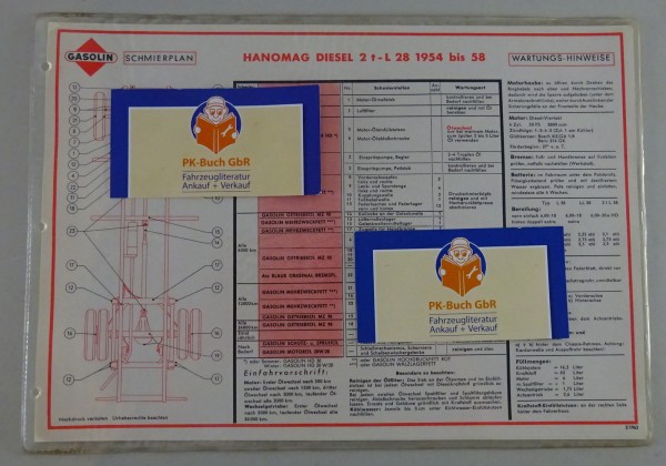 Gasolin Schmierplan für Hanomag Diesel 2 t-L 28 ab Baujahr 1954 Stand 03/1963