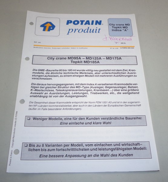 Produkt Datenblatt Potain City Krane MD95A - MD125A - MD175A - Topkit MD185A