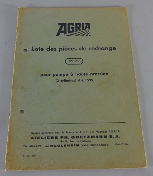 Liste des pièces de rechange | Agria pour pompe á haute pression | FRA | 11/1956