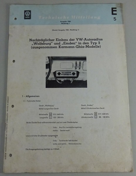 Einbauanleitung VW Autoradios Wolfsburg + Emden in den Typ 3 Stand 1966