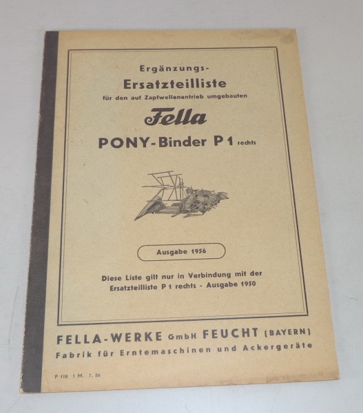 Teilekatalog Fella Pony-Binder P1 rechts Stand 1956