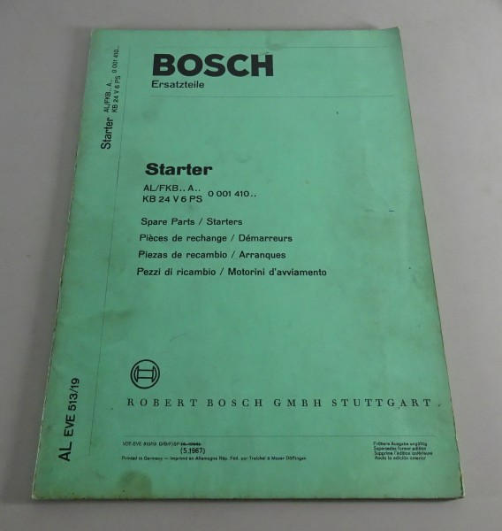 Teilekatalog Bosch Starter AL/FKB.. A.. / KB 24 V 6 PS Stand 05/1967