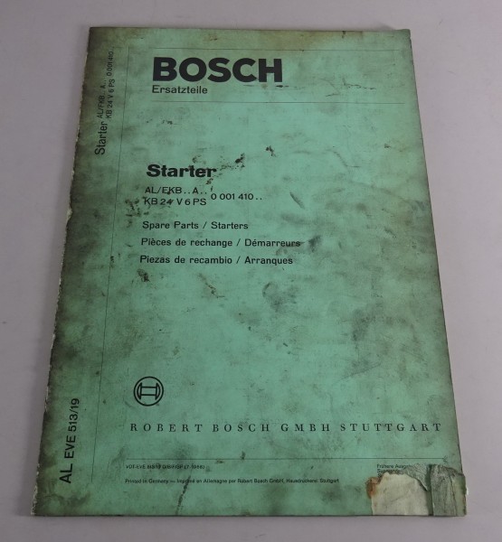 Teilekatalog Bosch Starter AL/FKB.. A.. / KB 24 V 6 PS Stand 07/1968