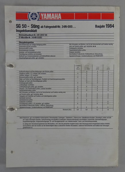 Inspektionsblatt Yamaha SG 50 - Sting Baujahr 1984