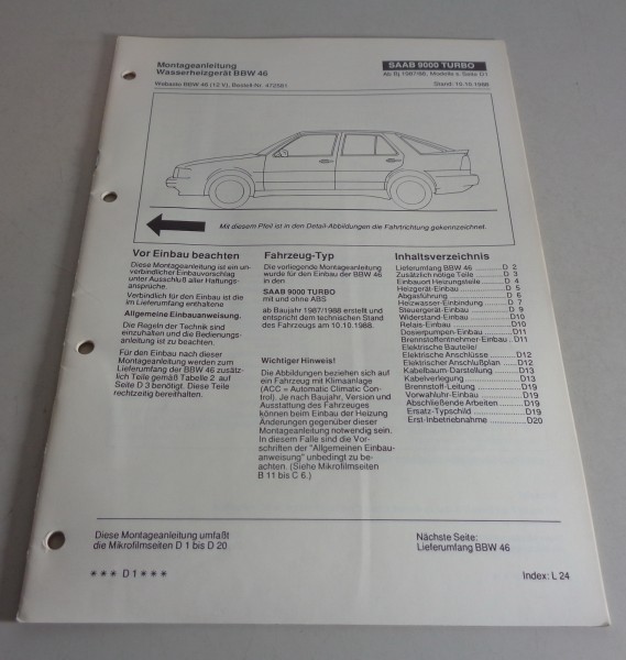 Einbauanweisung Webasto Standheizung BBW 46 - 12V für Saab 9000 Turbo Stand 1988