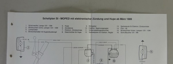 Schaltplan Piaggio SI Moped mit elektronischer Zündung und Hupe ab März 1989