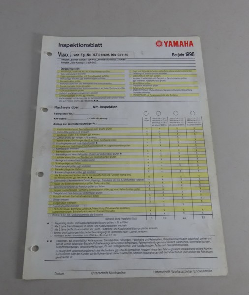 Inspektionsblatt Yamaha VMax Typ 2 LT Baujahr 1998